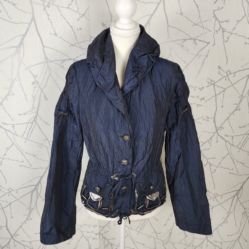 Crisca Navy Crinkle Shawl Collar Artsy Button Front Blazer